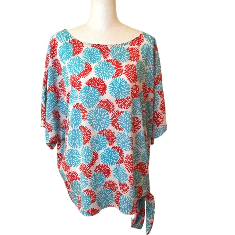 Michael Kors Coral & Blue, Boat Neck, Side Tie, Dolman Sleeve Blouse Size XL